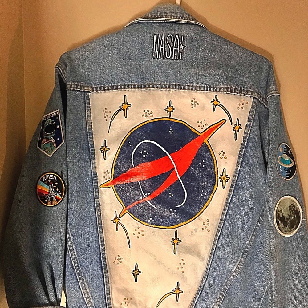 CUSTOM DESIGN Space NASA star PATCH PIN LIGHT BLUE denim jacket SIZE LARGE